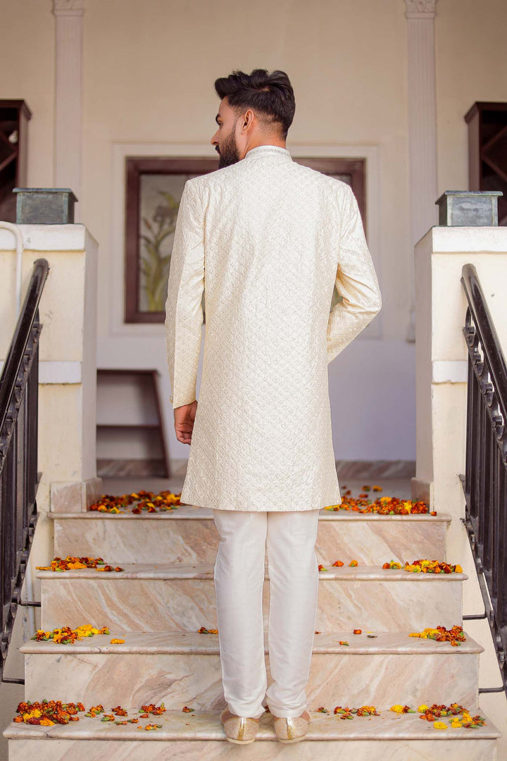 Cream Lucknowi Silk Indo-western Suit