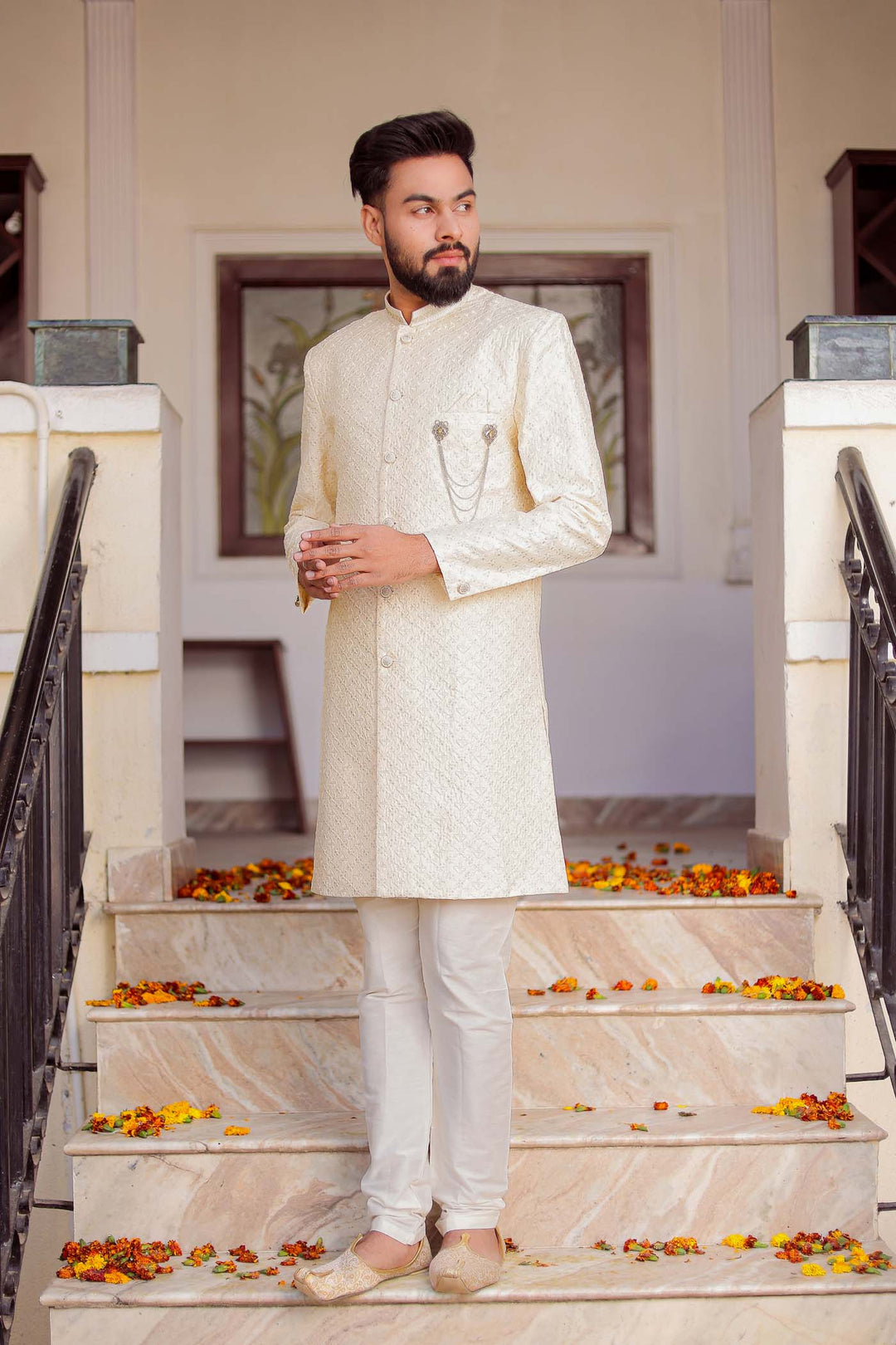 Cream Lucknowi Silk Indo-western Suit