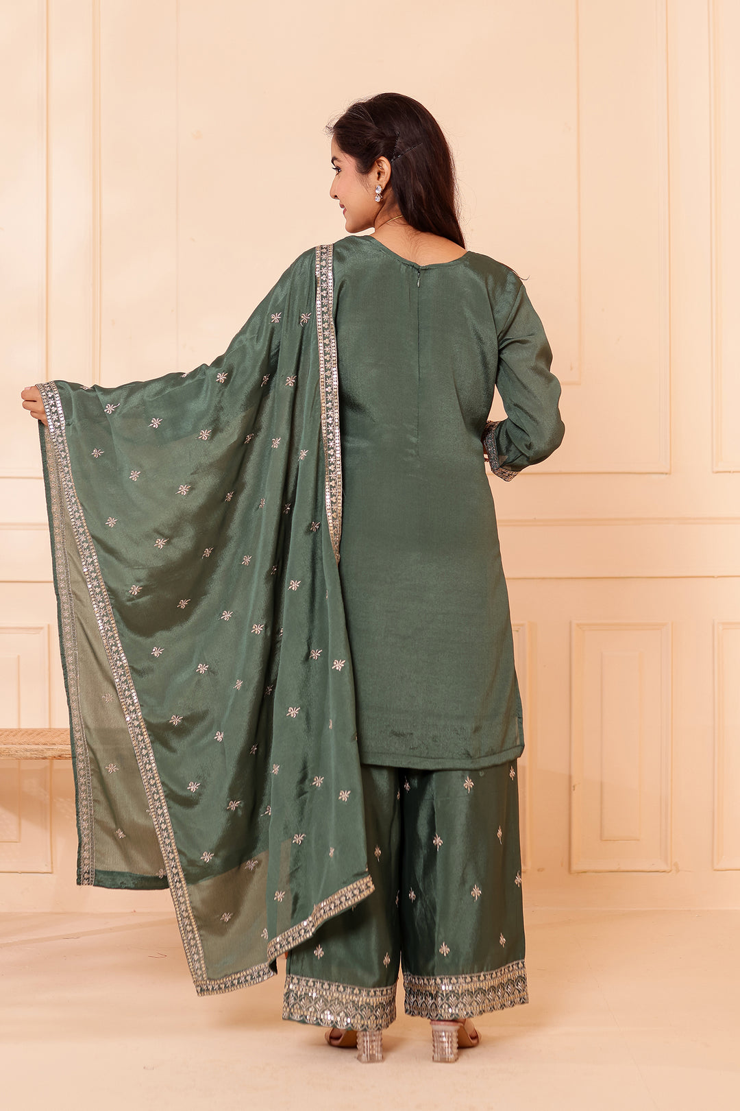 Dusty Green Chinon Silk Palazzo Suit.