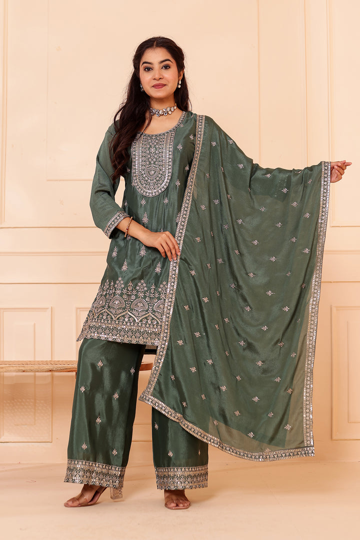 Dusty Green Chinon Silk Palazzo Suit.