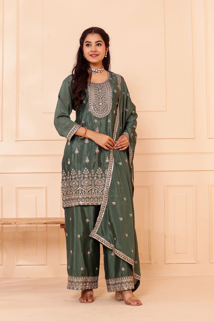 Dusty Green Chinon Silk Palazzo Suit.