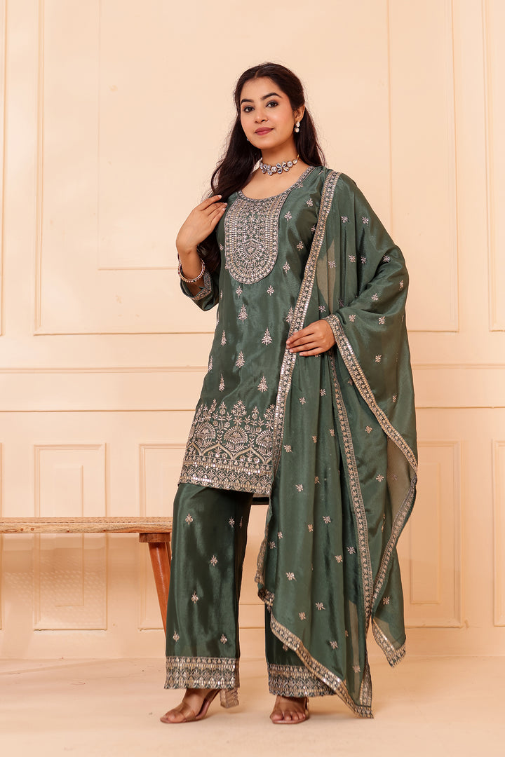 Dusty Green Chinon Silk Palazzo Suit.