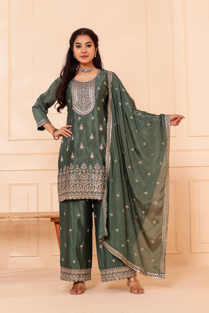 Dusty Green Chinon Silk Palazzo Suit.