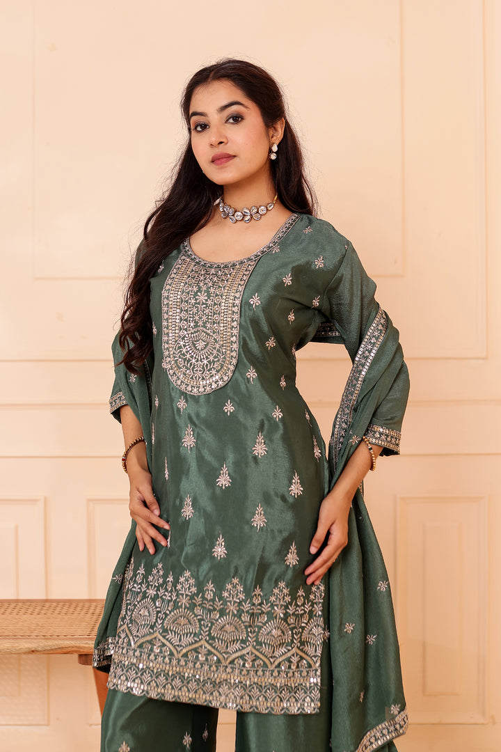 Dusty Green Chinon Silk Palazzo Suit.