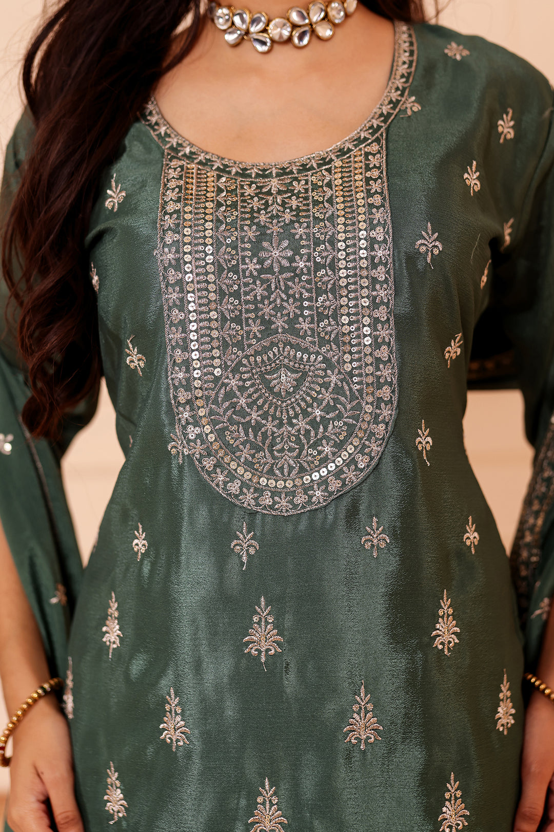Dusty Green Chinon Silk Palazzo Suit.