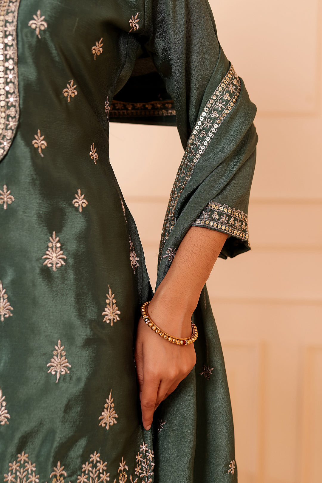 Dusty Green Chinon Silk Palazzo Suit.