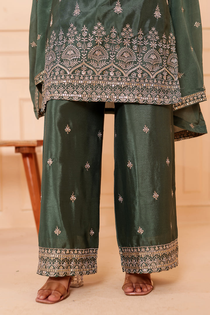 Dusty Green Chinon Silk Palazzo Suit.