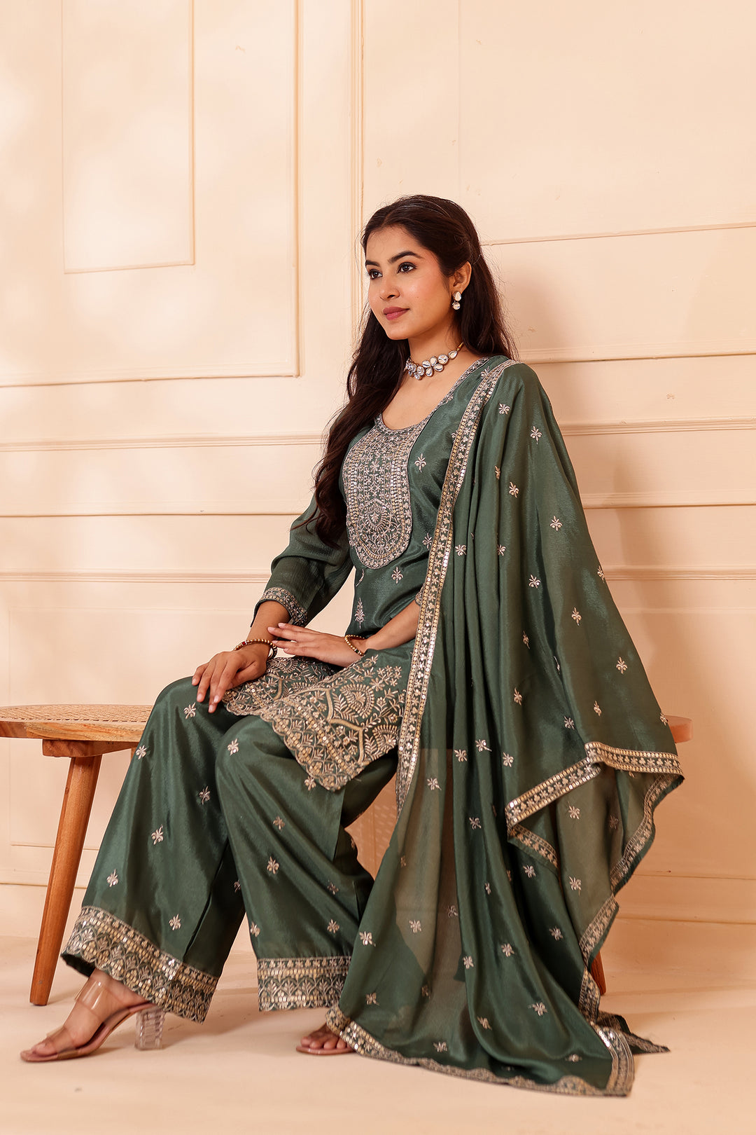 Dusty Green Chinon Silk Palazzo Suit.