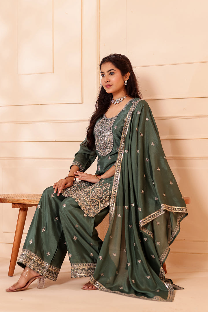 Dusty Green Chinon Silk Palazzo Suit.