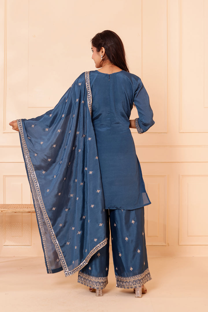 Dusty Blue Chinon Silk Palazzo Suit.