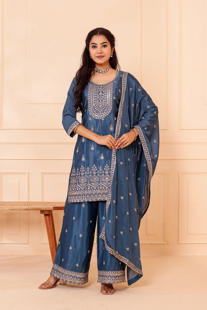 Dusty Blue Chinon Silk Palazzo Suit.