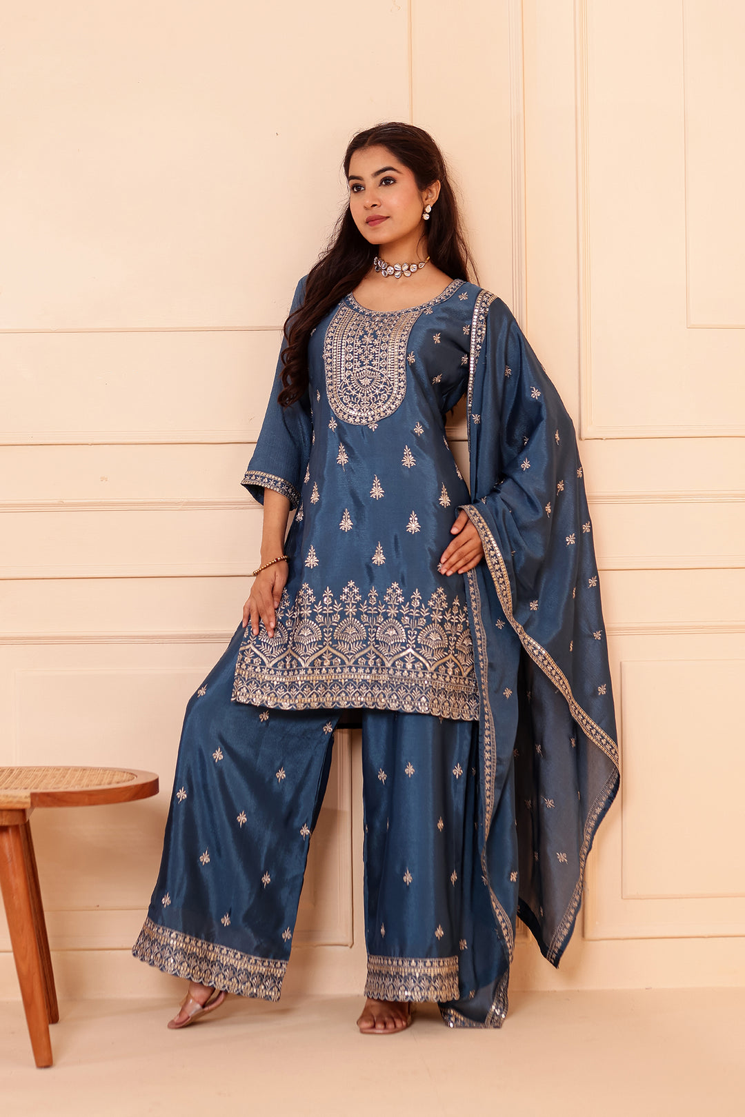 Dusty Blue Chinon Silk Palazzo Suit.