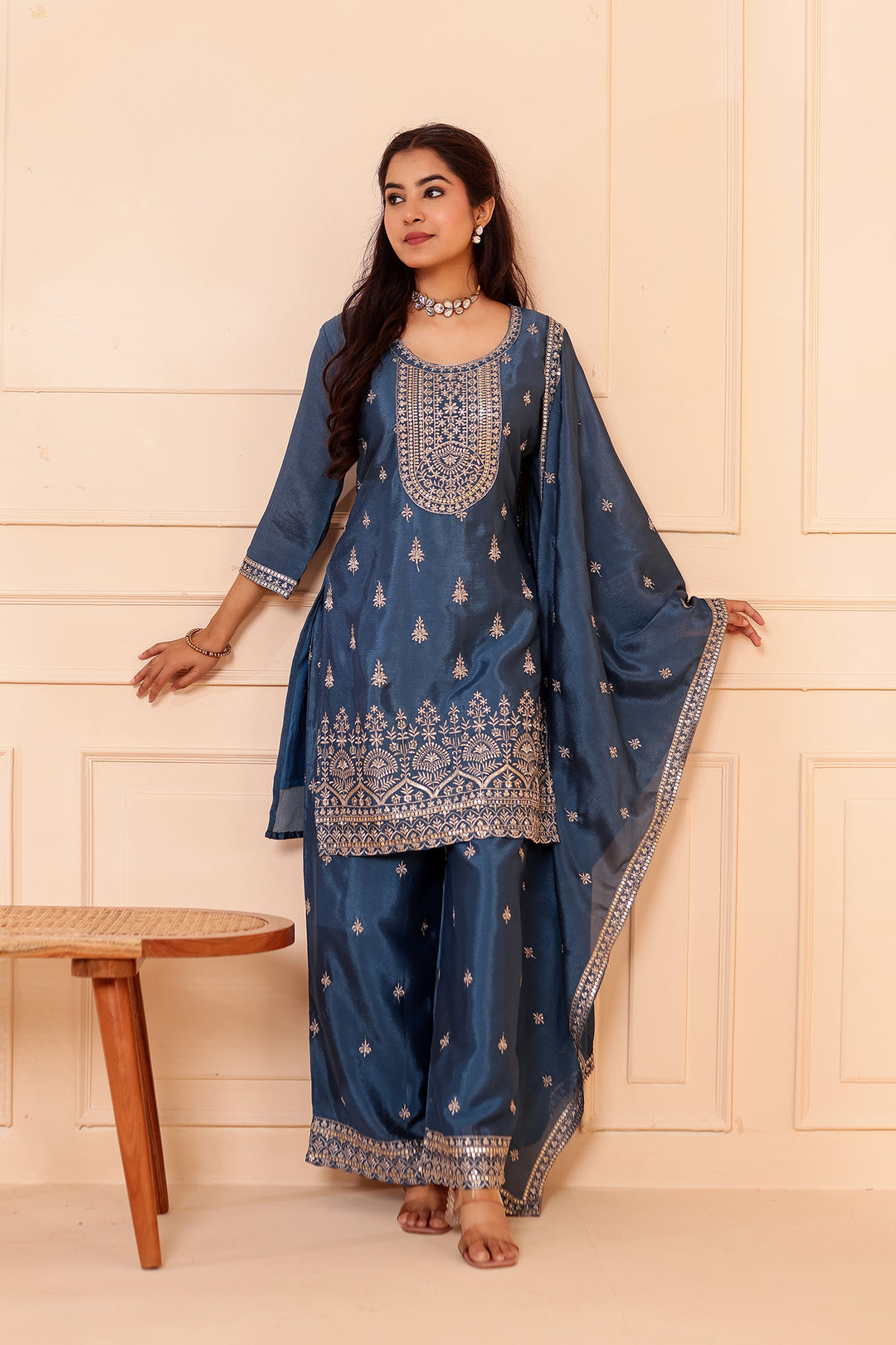 Dusty Blue Chinon Silk Palazzo Suit.