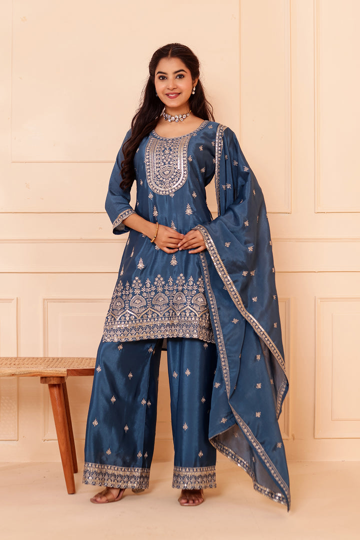 Dusty Blue Chinon Silk Palazzo Suit.
