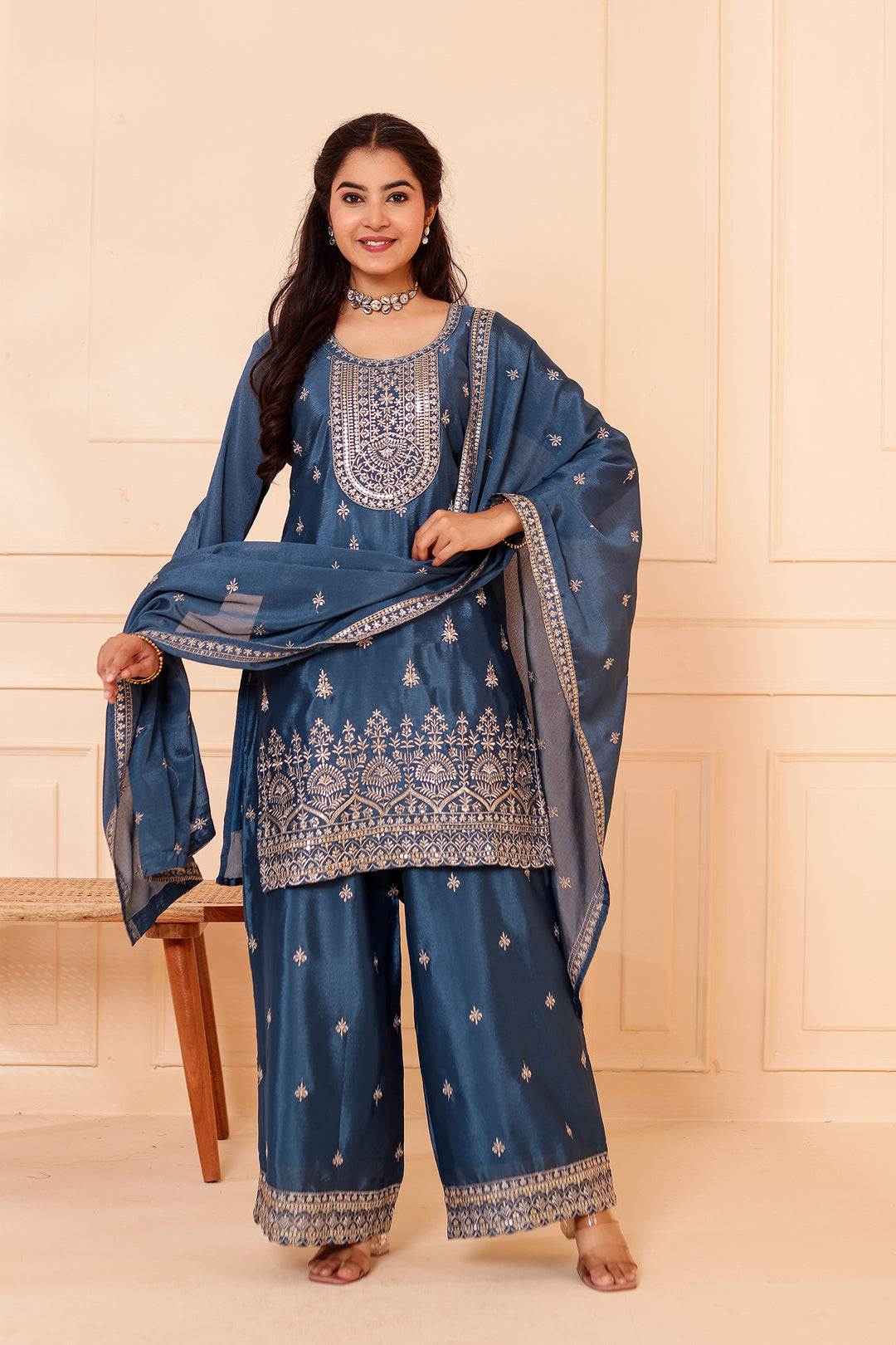 Dusty Blue Chinon Silk Palazzo Suit.