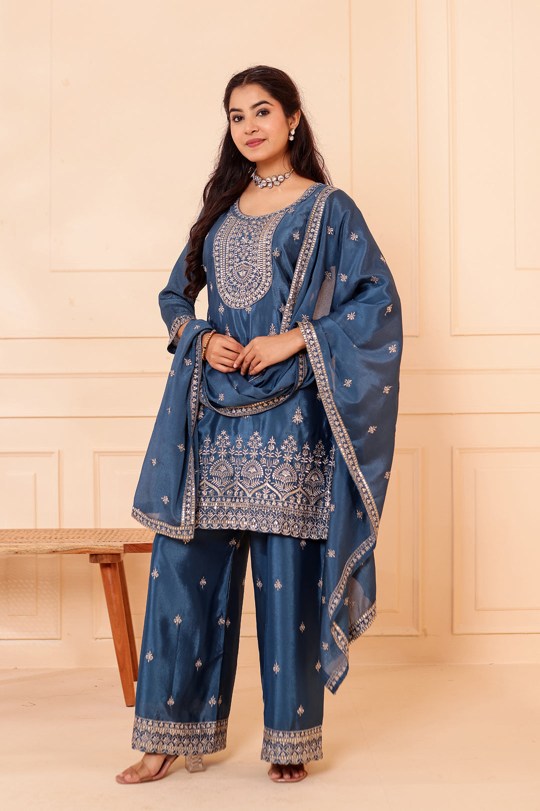 Dusty Blue Chinon Silk Palazzo Suit.