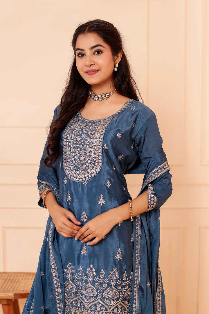 Dusty Blue Chinon Silk Palazzo Suit.