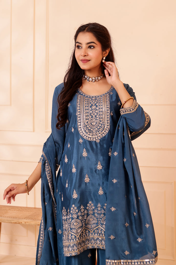 Dusty Blue Chinon Silk Palazzo Suit.