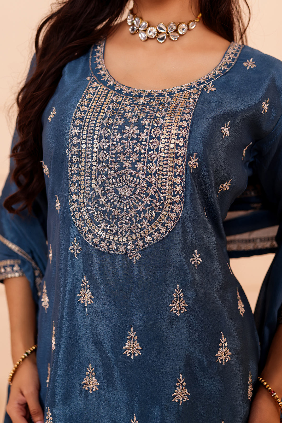 Dusty Blue Chinon Silk Palazzo Suit.