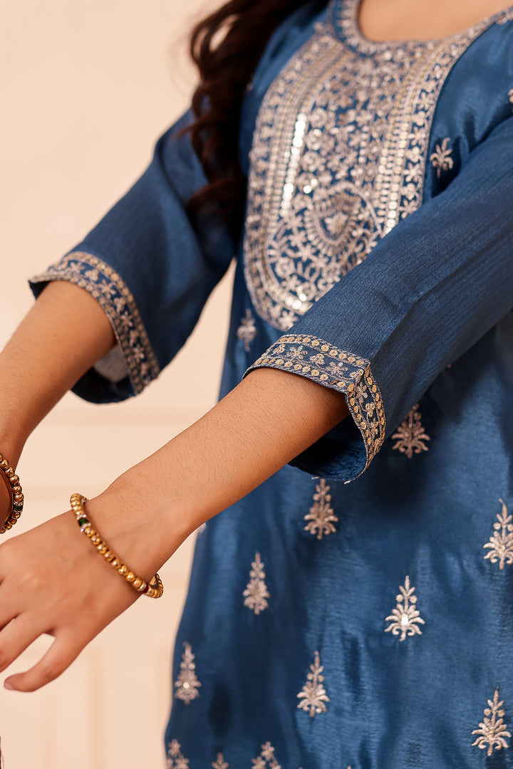 Dusty Blue Chinon Silk Palazzo Suit.