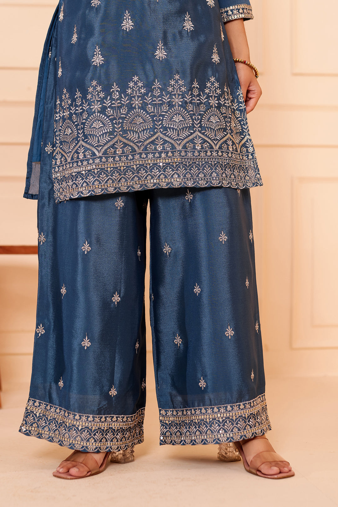 Dusty Blue Chinon Silk Palazzo Suit.