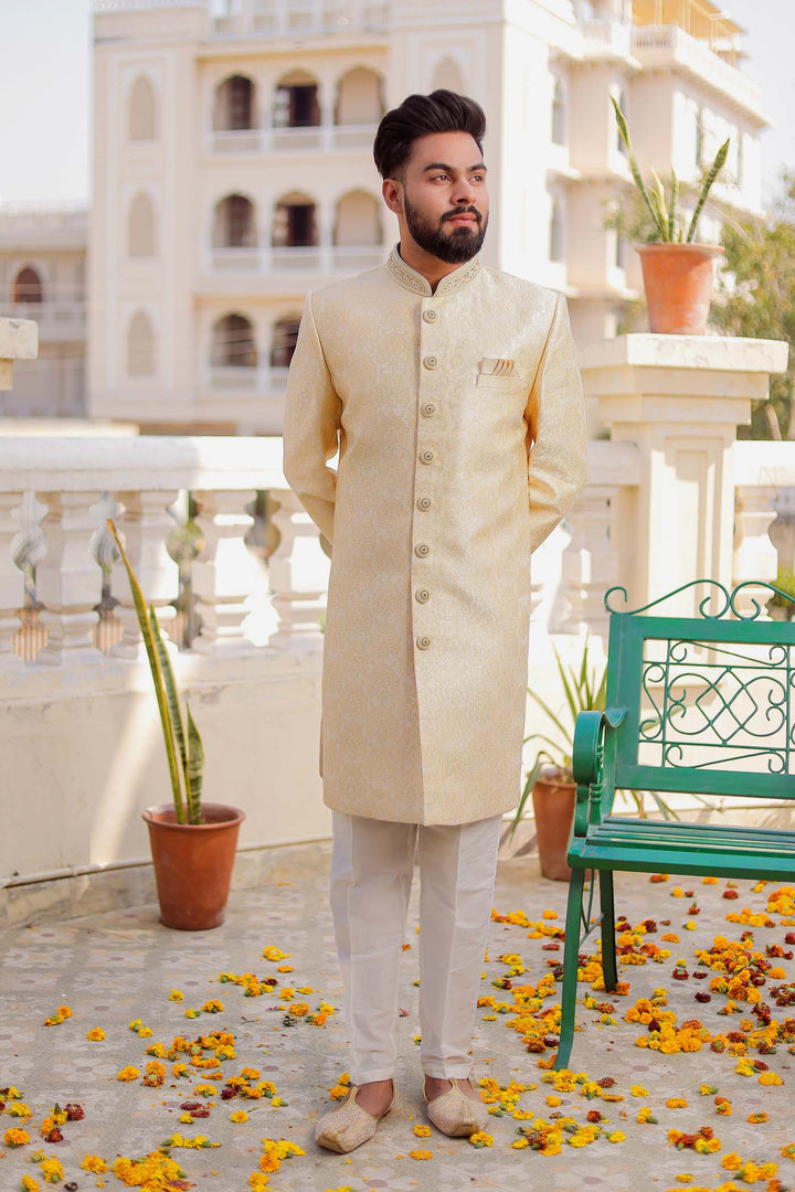 Light Yellow Brocade Silk Indo-Western Suit