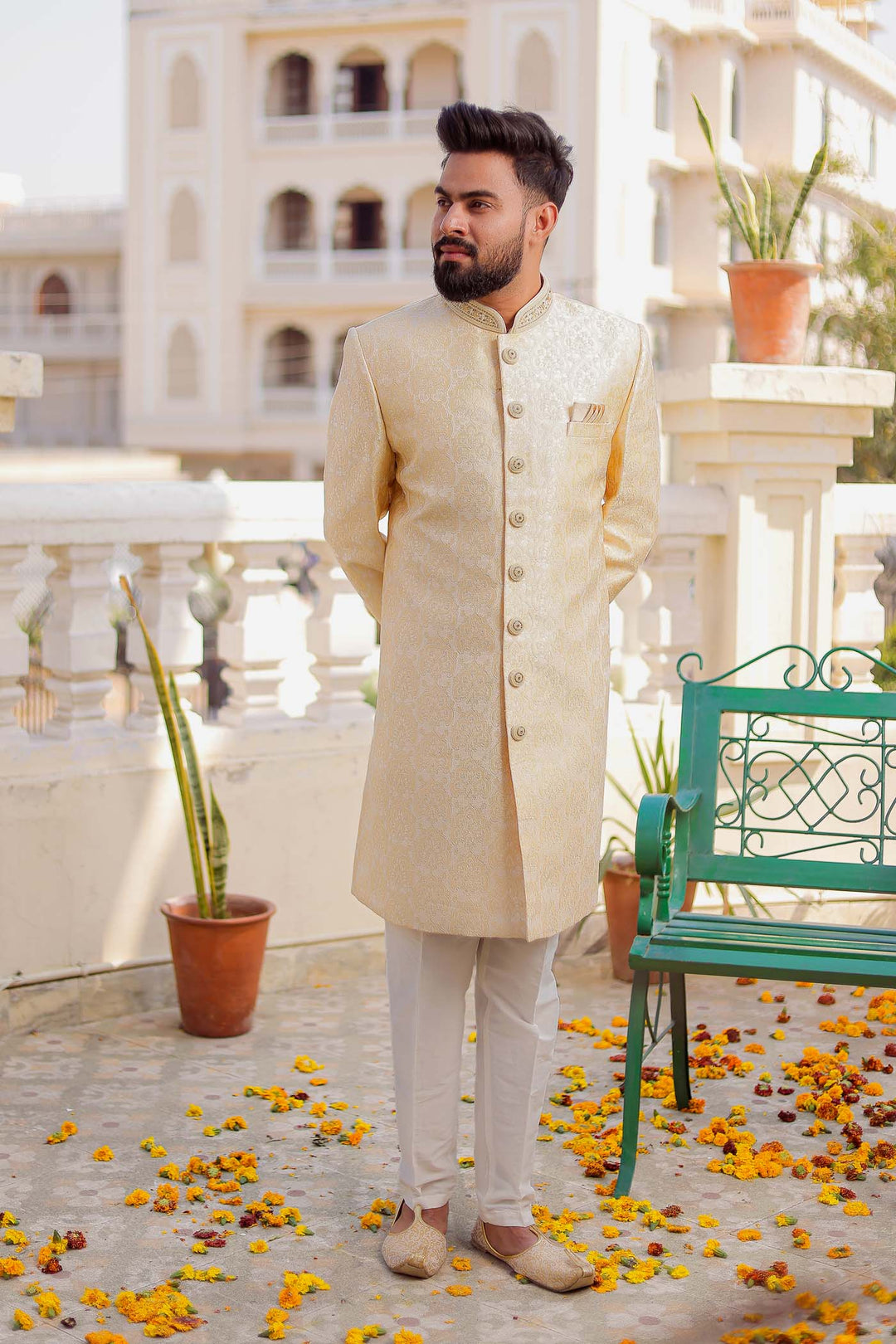 Light Yellow Brocade Silk Indo-Western Suit