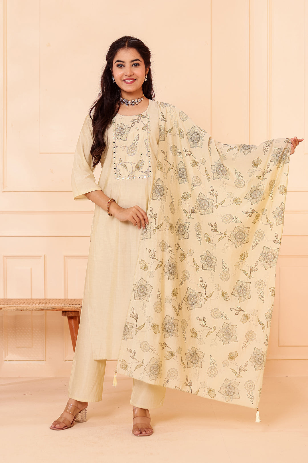Mint Chanderi Silk Straight Cut Kurta Set.
