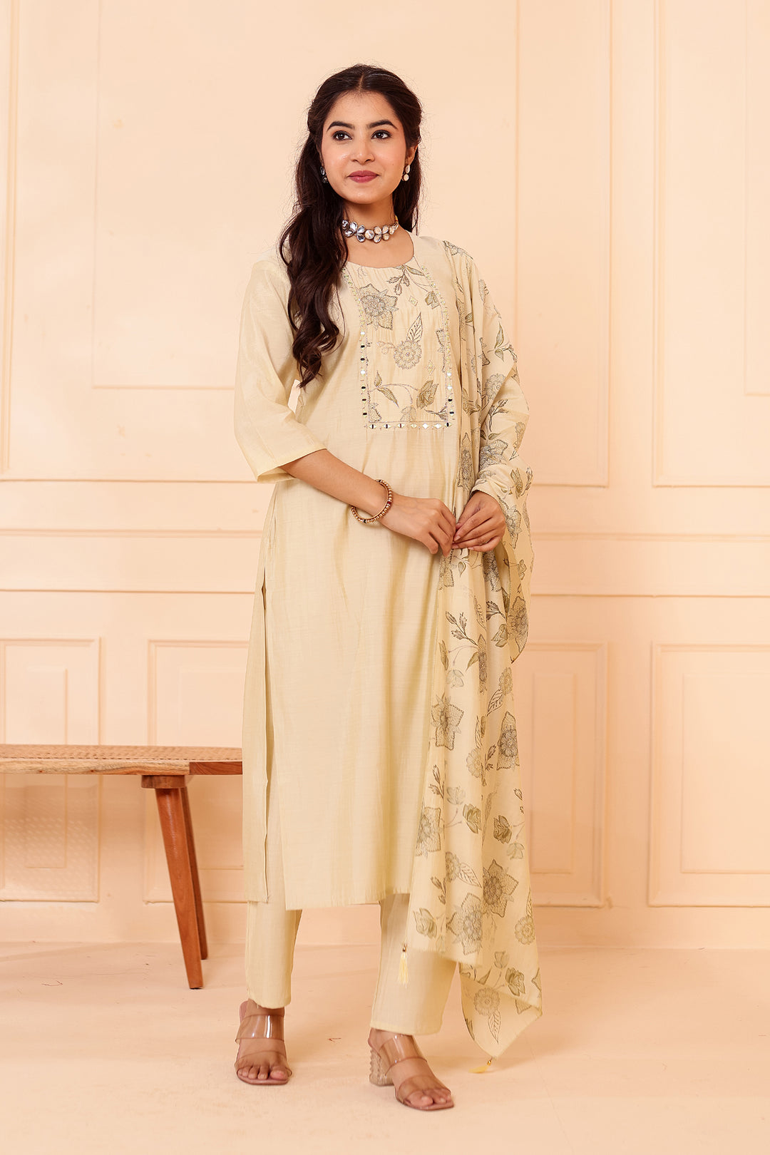 Mint Chanderi Silk Straight Cut Kurta Set.