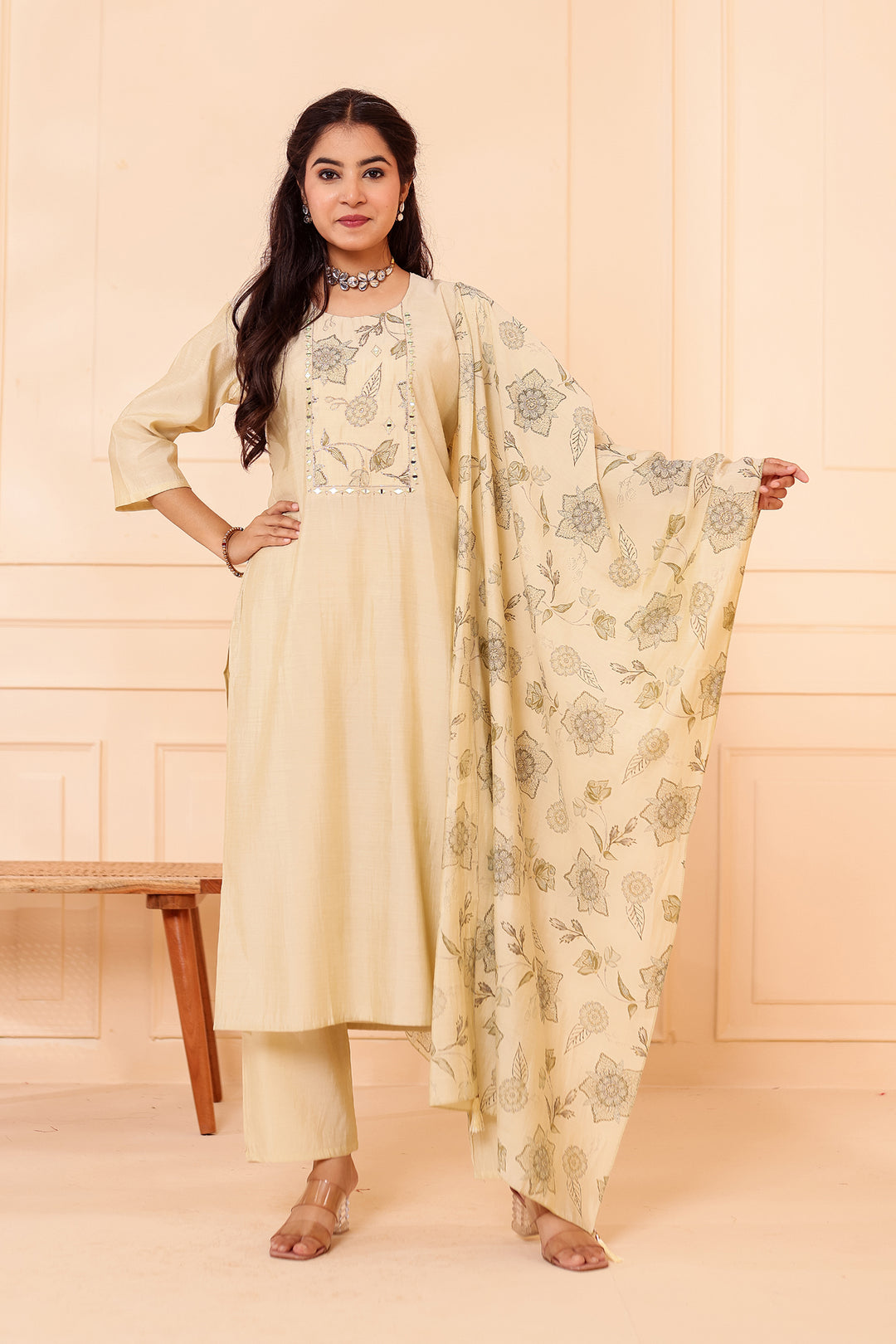 Mint Chanderi Silk Straight Cut Kurta Set.