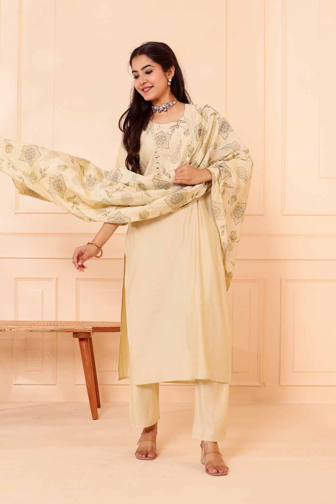 Mint Chanderi Silk Straight Cut Kurta Set.