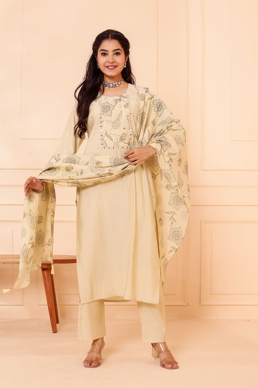 Mint Chanderi Silk Straight Cut Kurta Set.