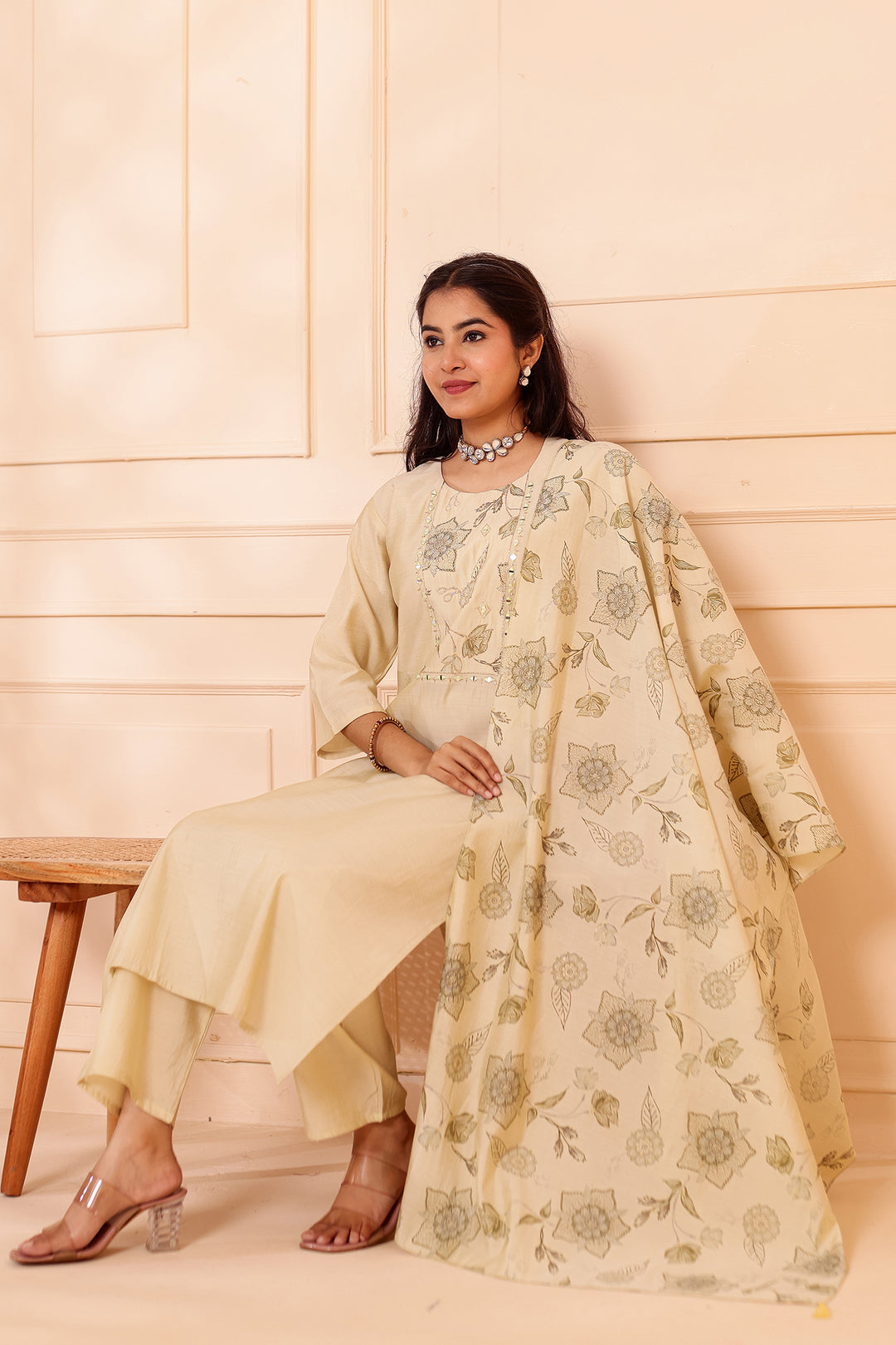 Mint Chanderi Silk Straight Cut Kurta Set.