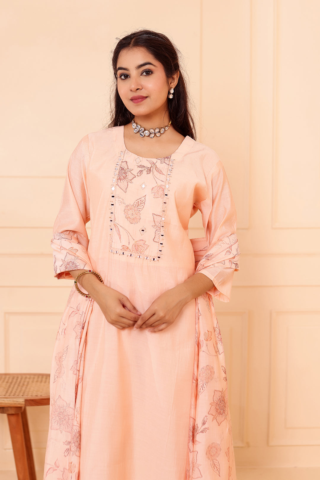 Peach Chanderi Silk Straight Cut Kurta Set.