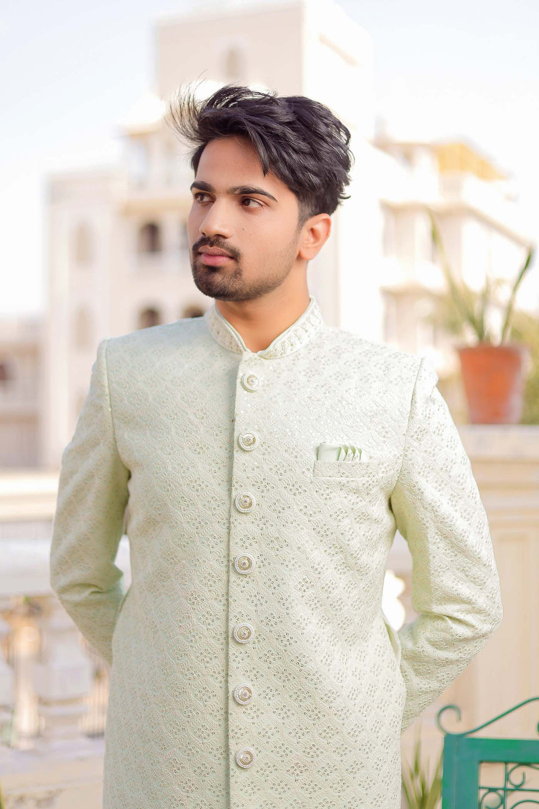 Mint Green Lucknowi Indo-Western Suit.