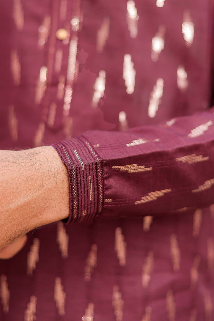 Wine Raw Silk Kurta Suit With Sequin Embroidery All Over.