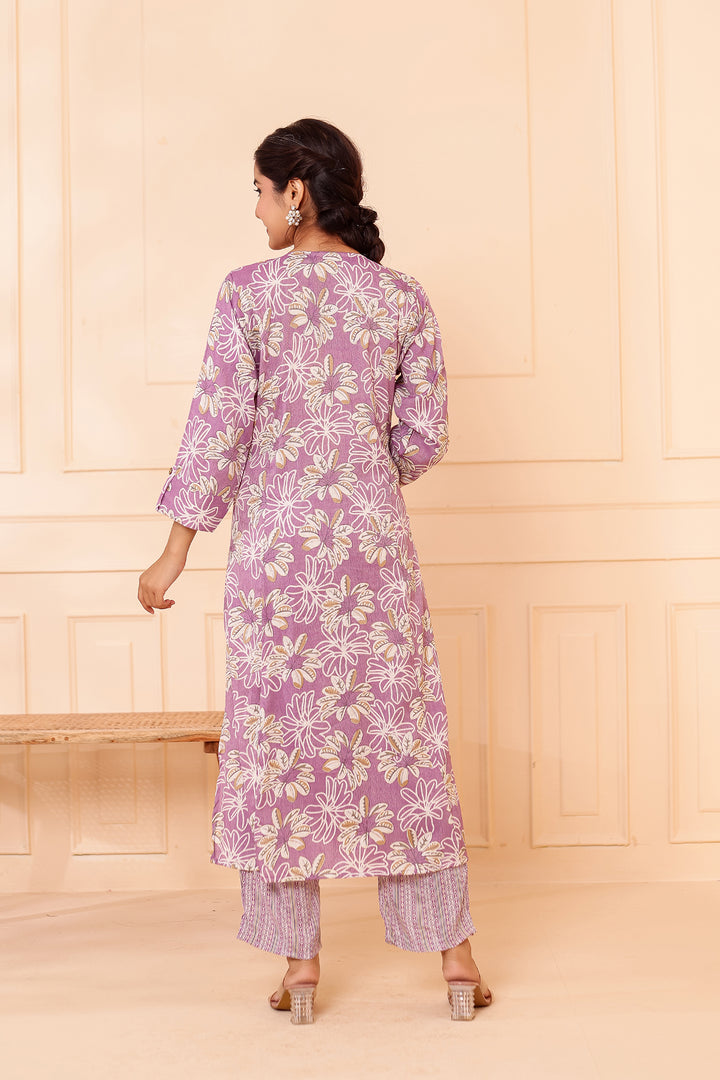 Lavender Floral Printed Straight Cut Rayon Kurta Set.