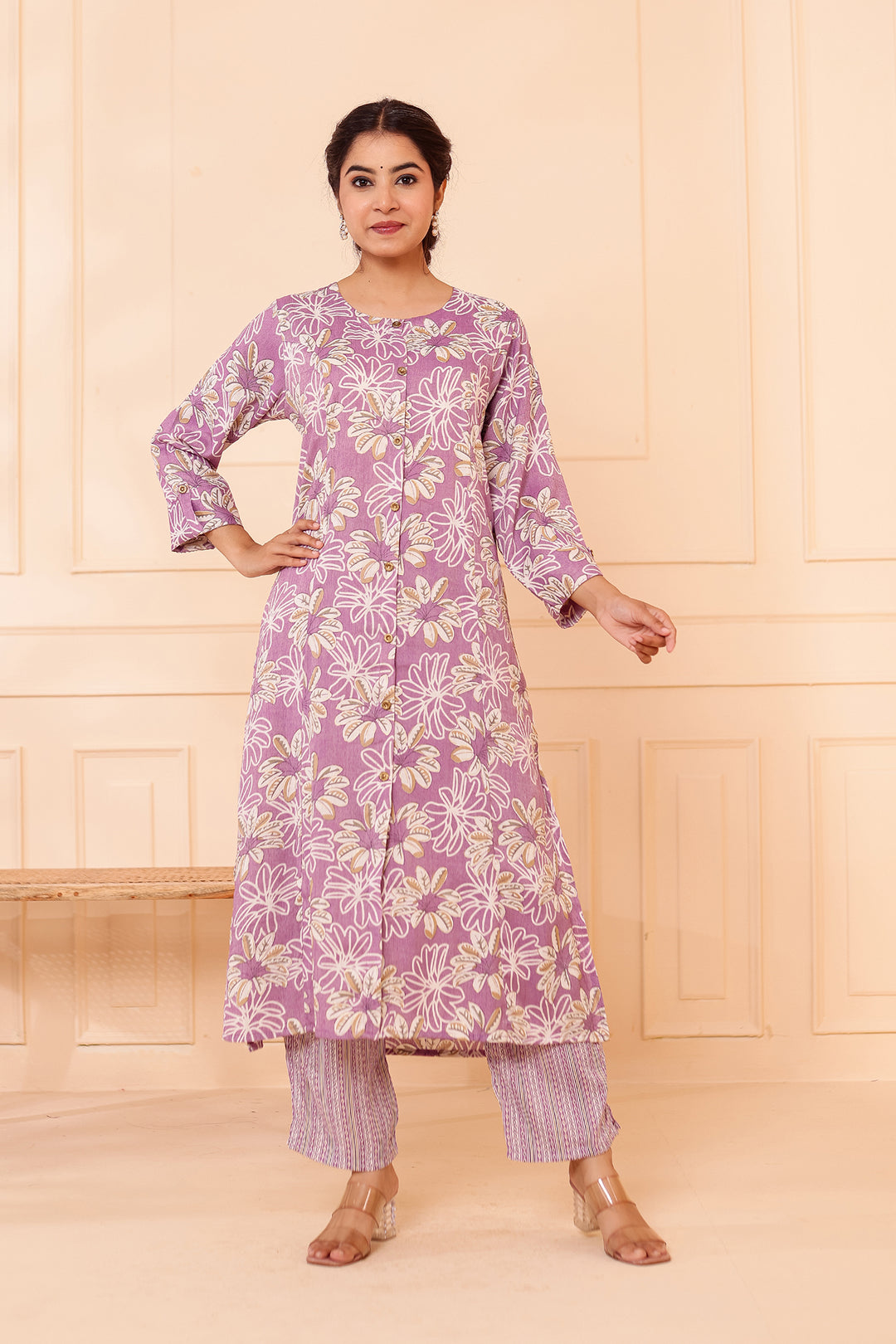 Lavender Floral Printed Straight Cut Rayon Kurta Set.