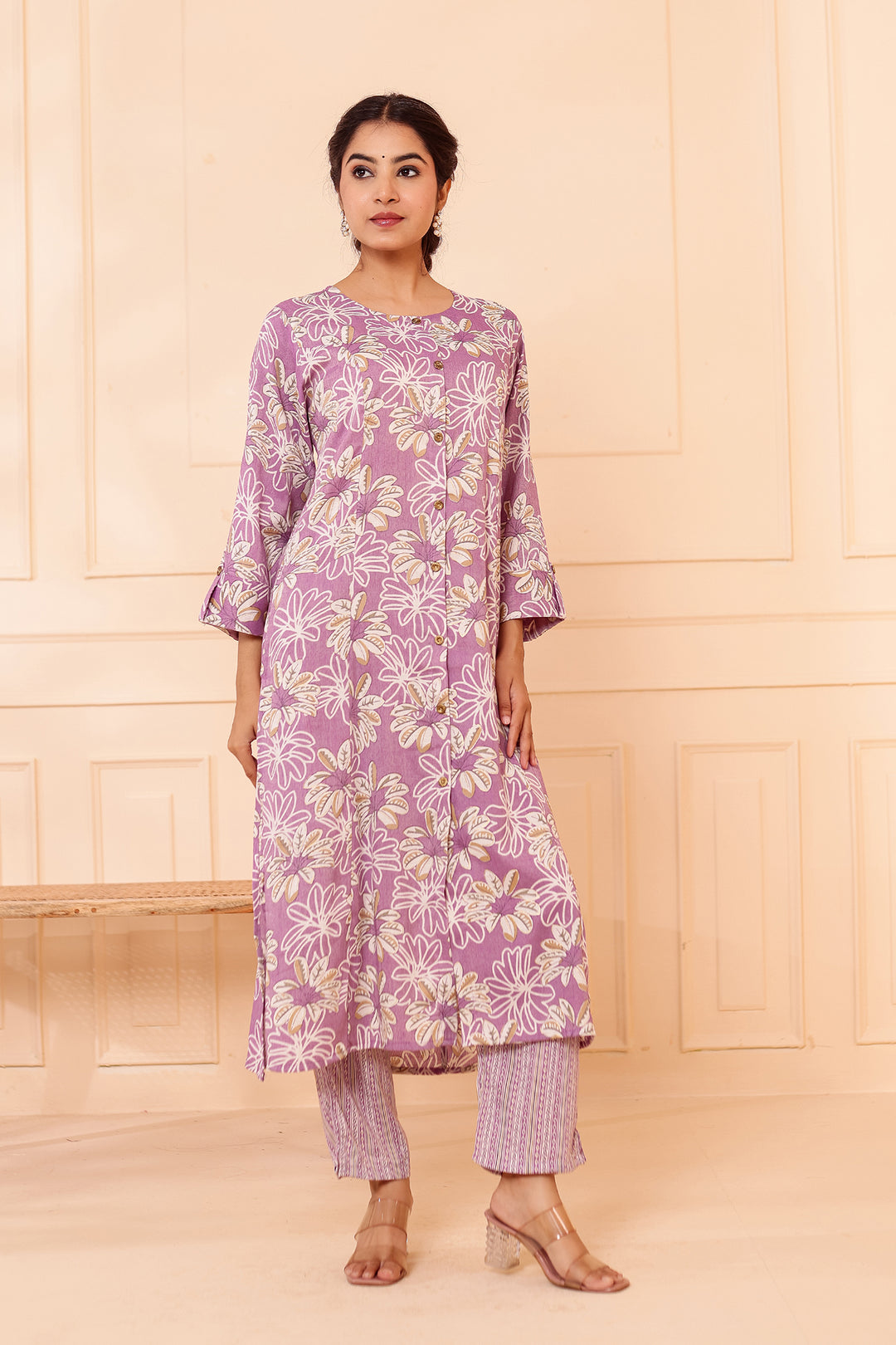 Lavender Floral Printed Straight Cut Rayon Kurta Set.
