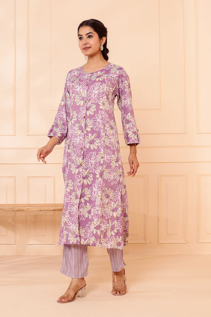 Lavender Floral Printed Straight Cut Rayon Kurta Set.