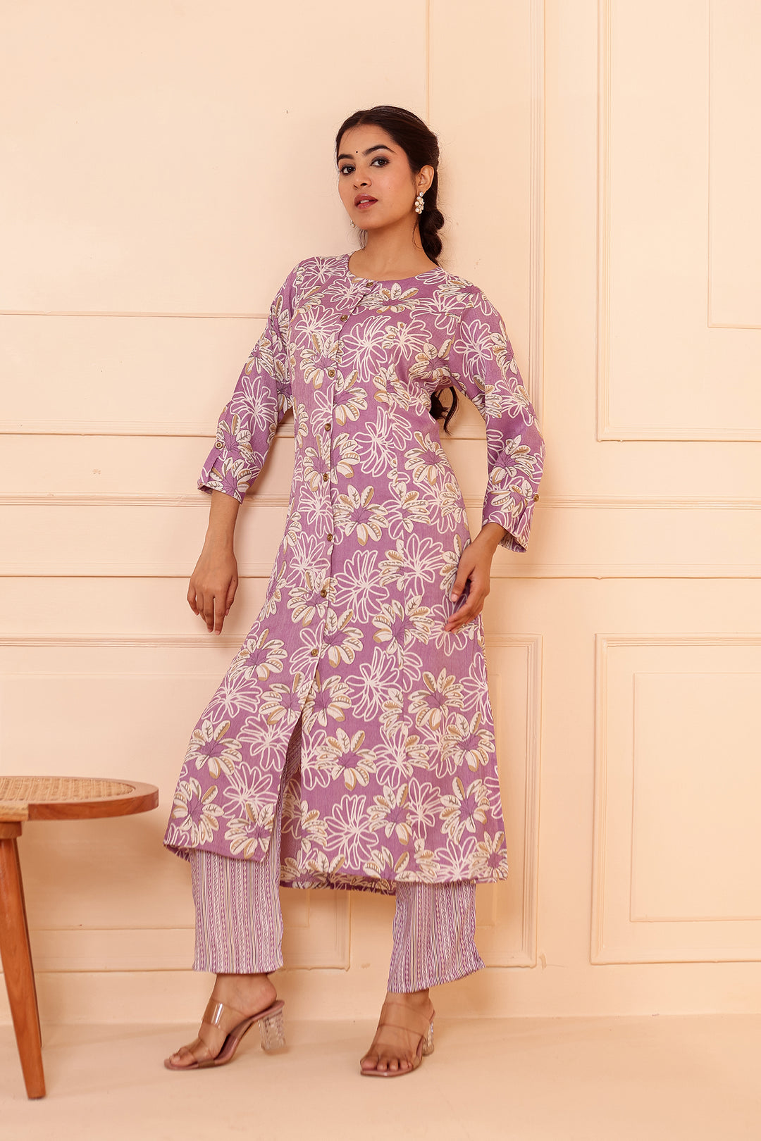 Lavender Floral Printed Straight Cut Rayon Kurta Set.