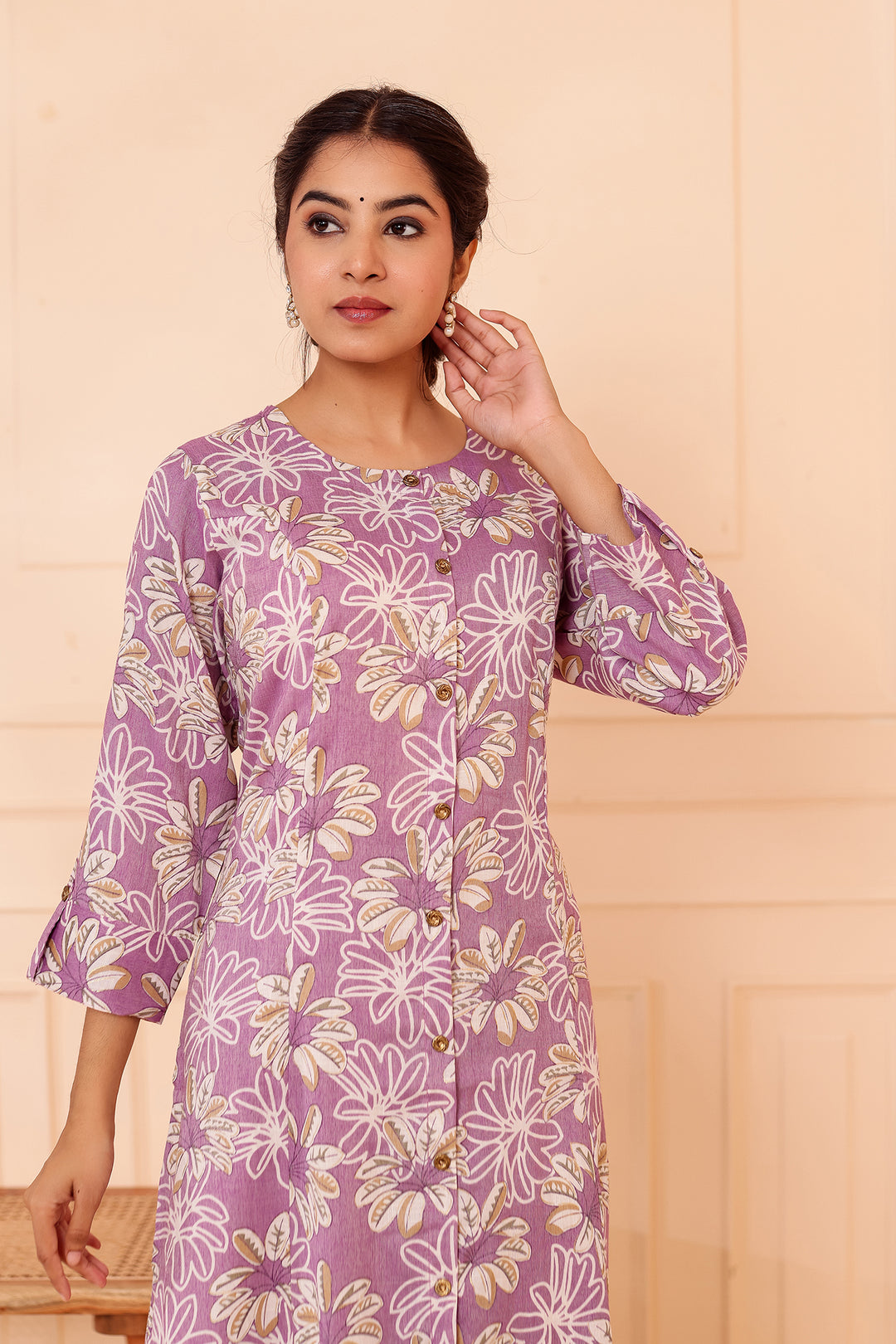 Lavender Floral Printed Straight Cut Rayon Kurta Set.