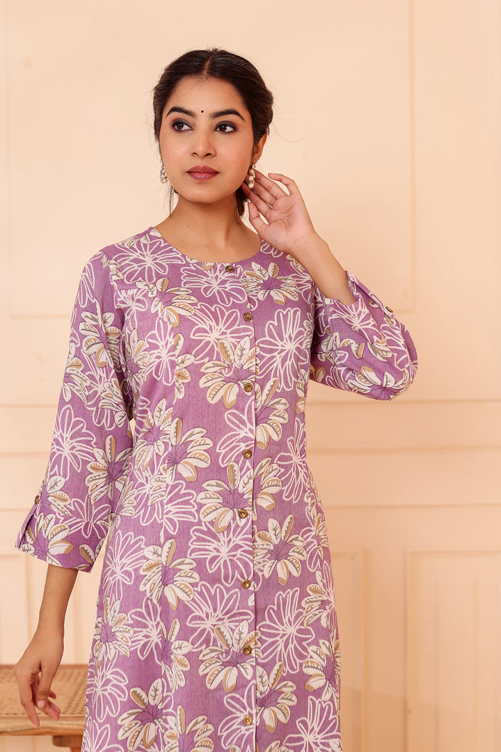 Lavender Floral Printed Straight Cut Rayon Kurta Set.