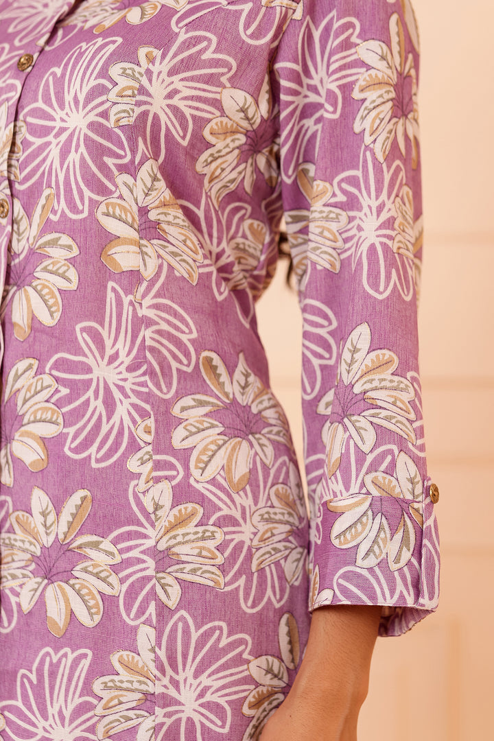 Lavender Floral Printed Straight Cut Rayon Kurta Set.