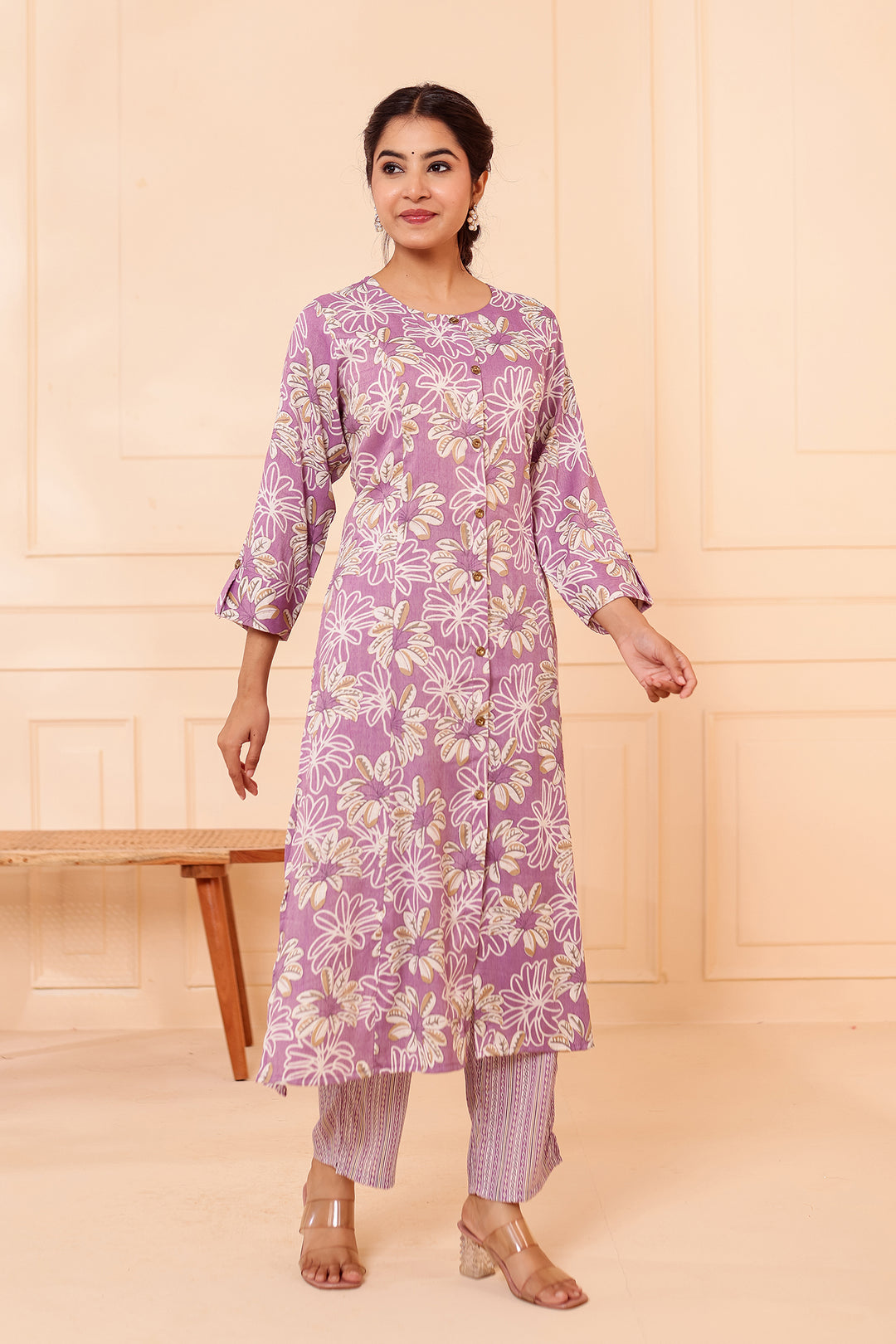 Lavender Floral Printed Straight Cut Rayon Kurta Set.