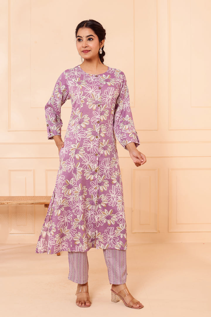 Lavender Floral Printed Straight Cut Rayon Kurta Set.