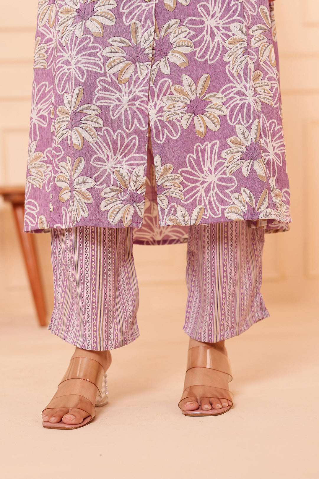 Lavender Floral Printed Straight Cut Rayon Kurta Set.