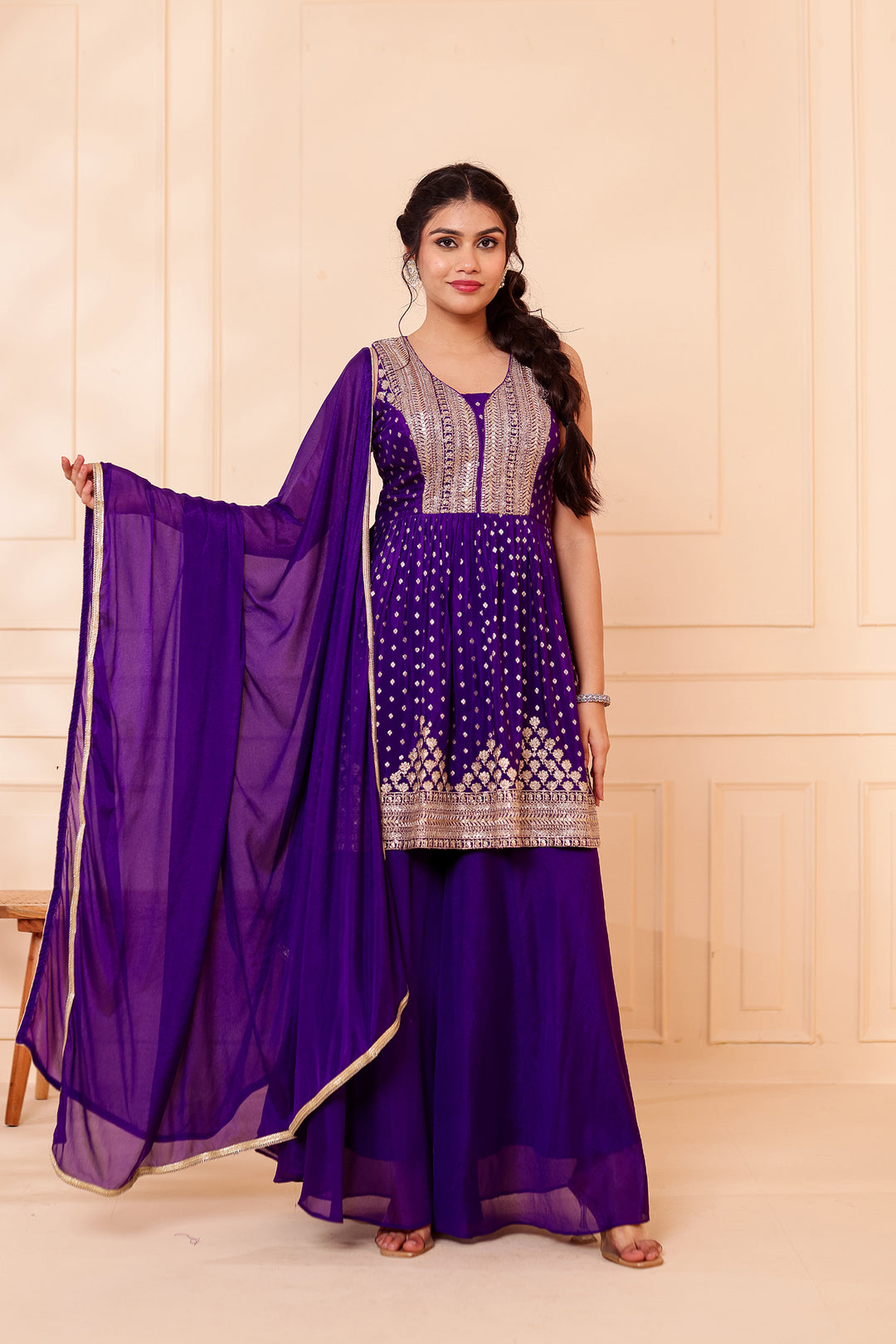 Purple Banarsi Flared Palazzo Suit.