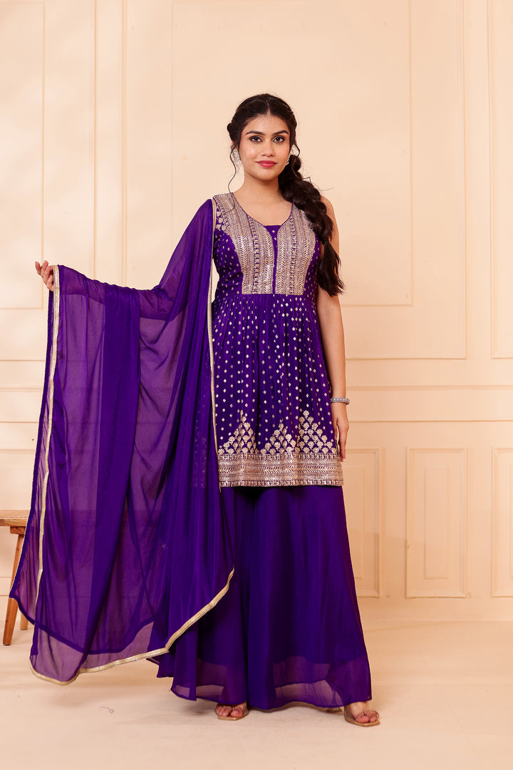 Purple Banarsi Flared Palazzo Suit.