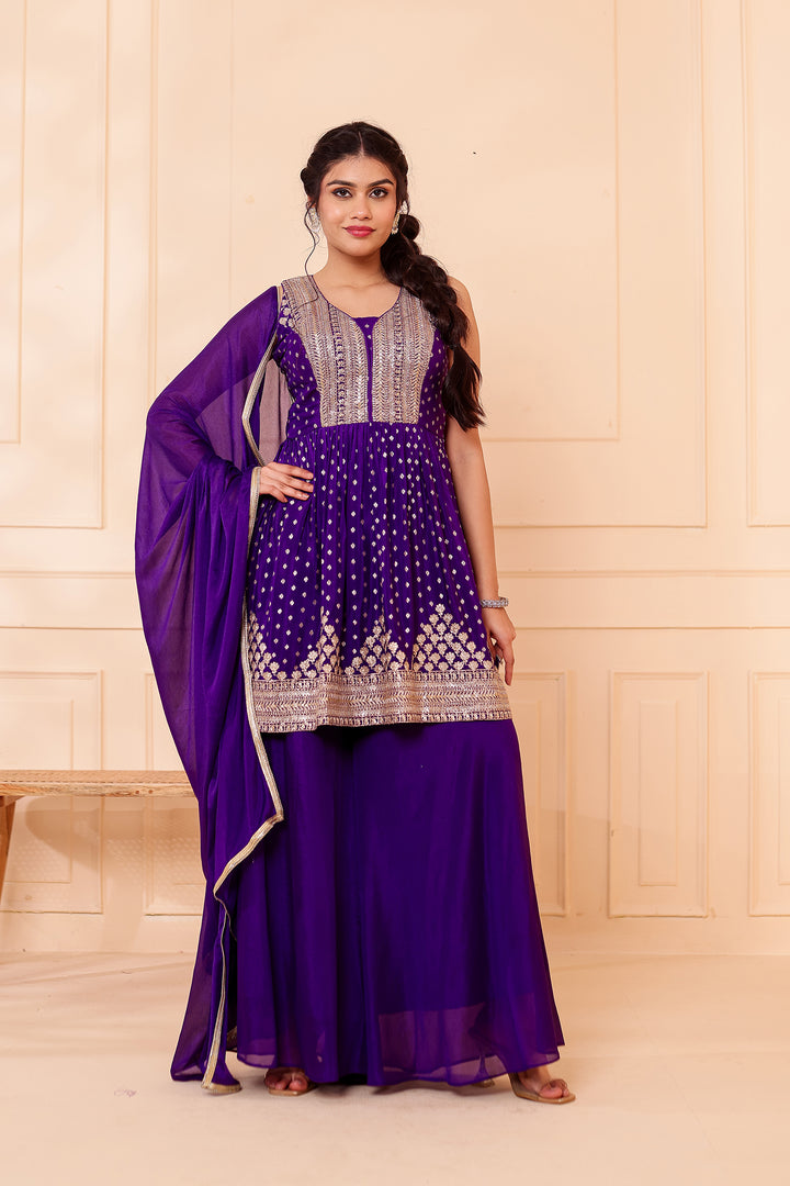 Purple Banarsi Flared Palazzo Suit.